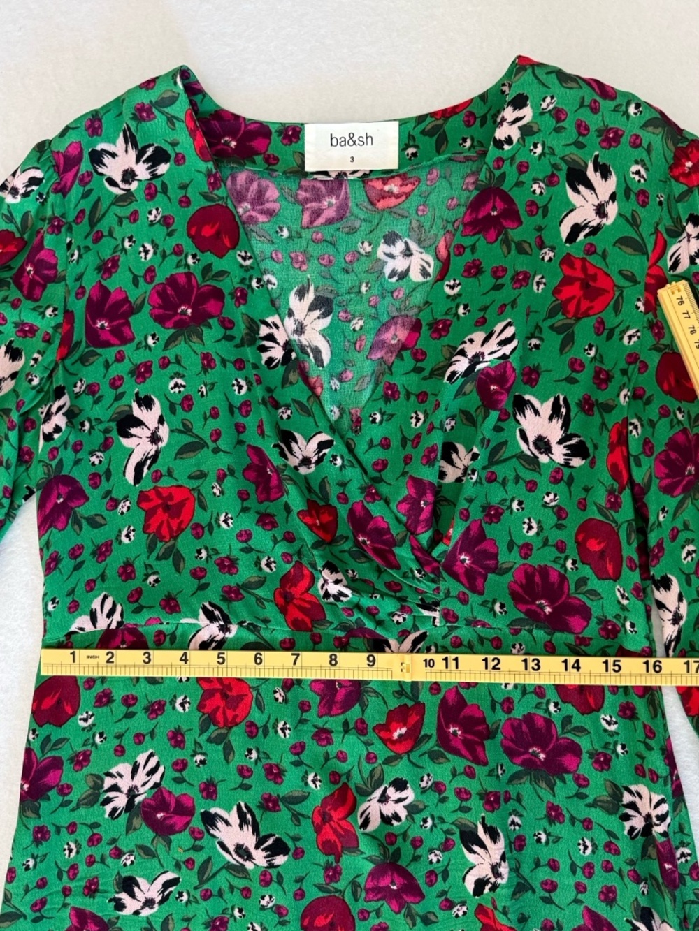ba&sh Paloma Green Floral Wrap Midi Dress Ruffle High Low Hem Size 3 US 10 - Picture 14 of 16